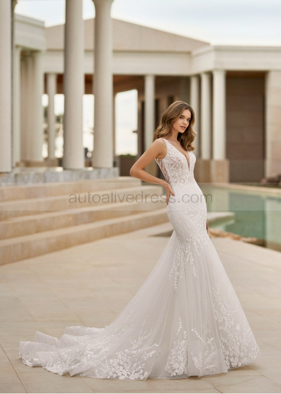 Plunging Neck Ivory Lace Tulle Romantic Mermaid Wedding Dress